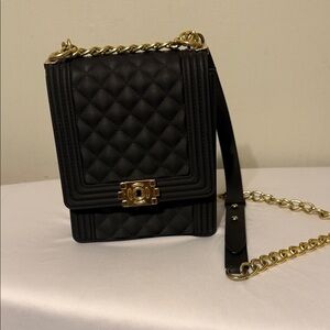Black Quilted Crossbody Bag with Gold Chain